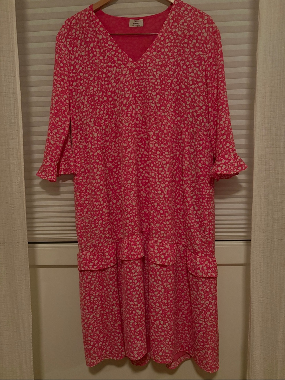 Little Moon Hot Pink Floral V-Neck Ruffle Midi Dress
